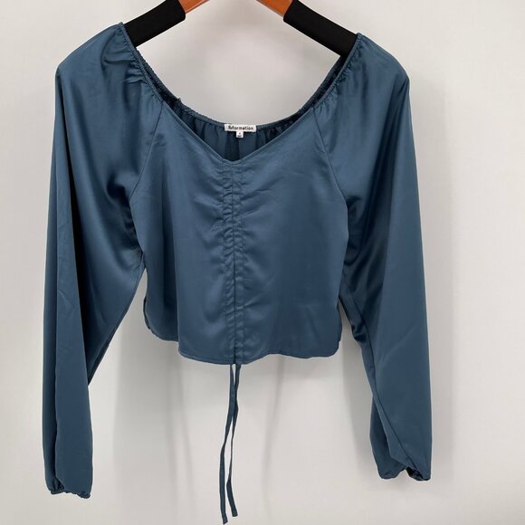 Reformation Long Sleeve Crop Top Size 4 Blue Ruched V-Neck Linen Blouse - Picture 1 of 9